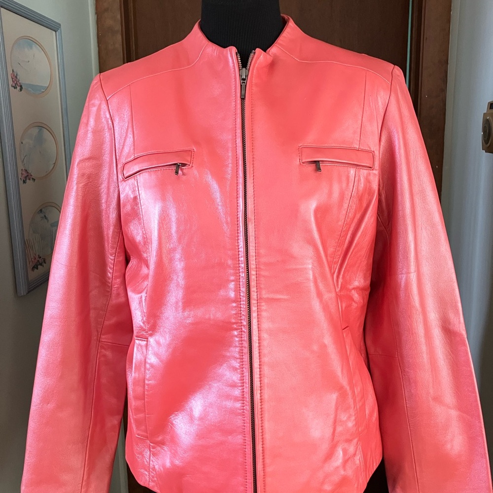 Alfani Genuine Leather Fully Lined Zip Front Jacket in Shimmery Peach Size Large - Picture 9 of 9